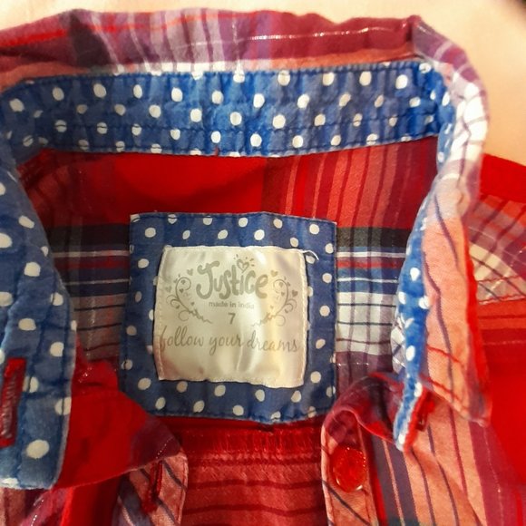 JUSTICE BUTTON DOWN SHIRT - ROLL-UP SLEEVES - 100% COTTON - GIRLS SIZE 7 - Picture 2 of 4